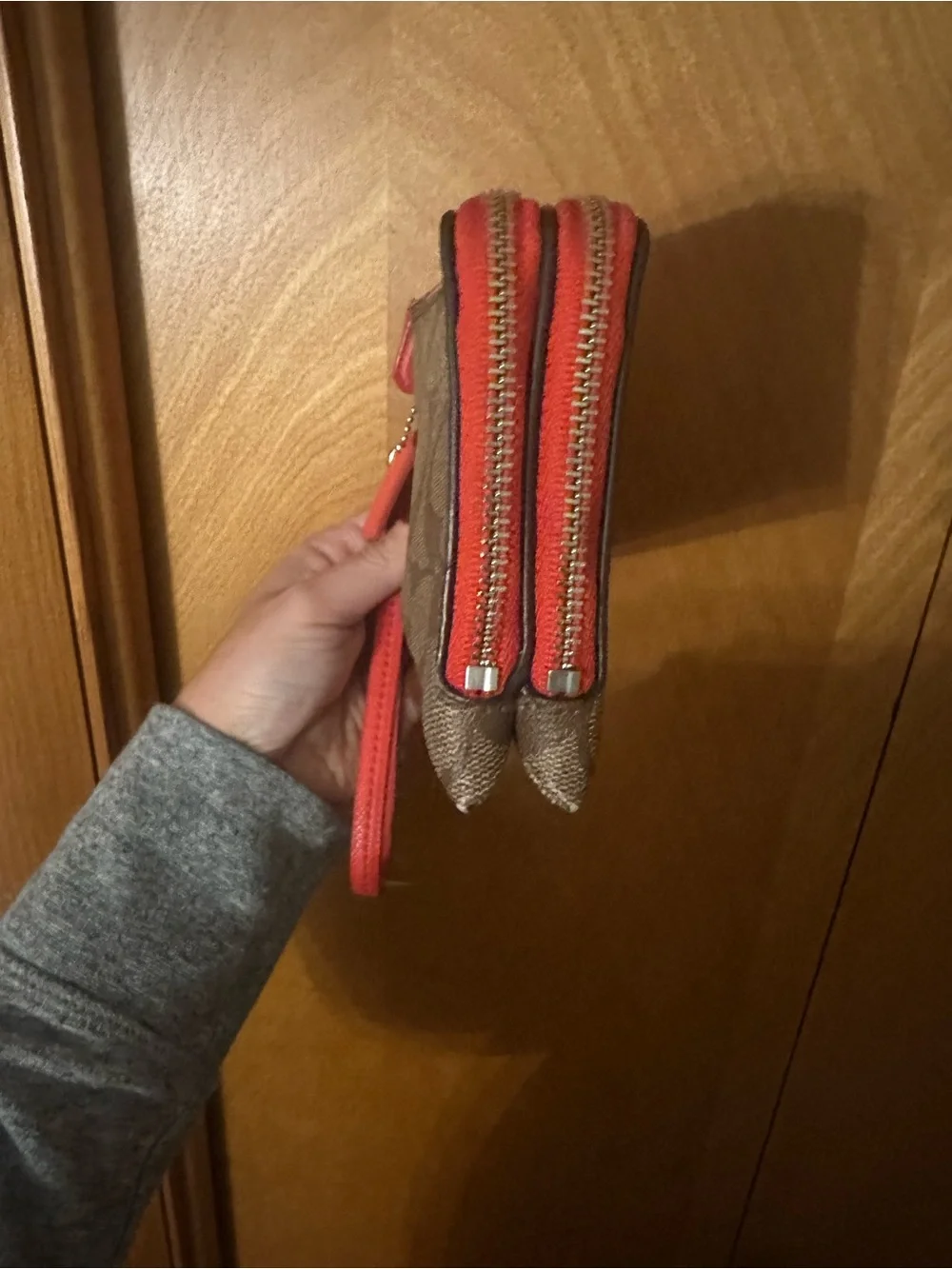 Coach Brown Signature Zip Wristlet with Coral Trim